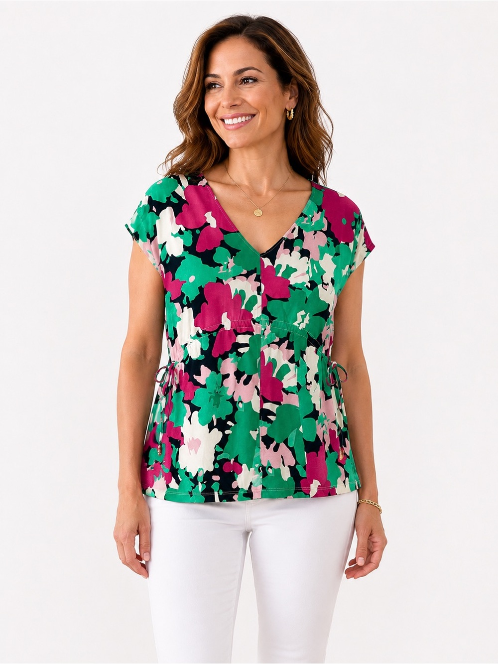 Ellen Tracy Floral V-Neck Blouse Medium Tie Waist Pink Green NWT